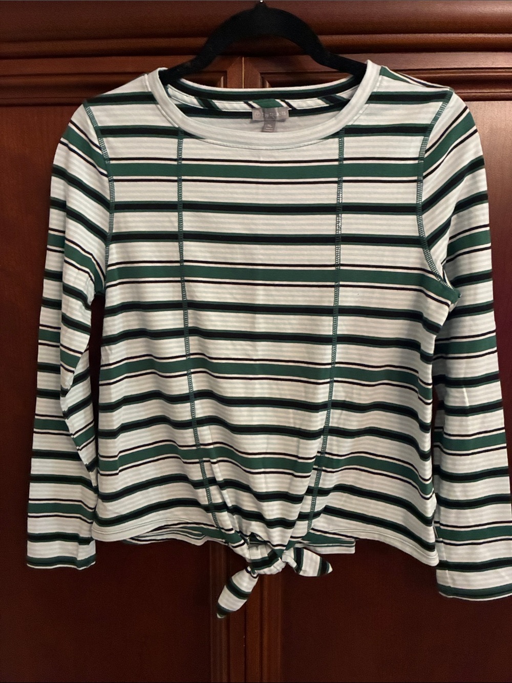 Talbots Women’s Green & White Striped Tie-Hem Long Sleeve Top